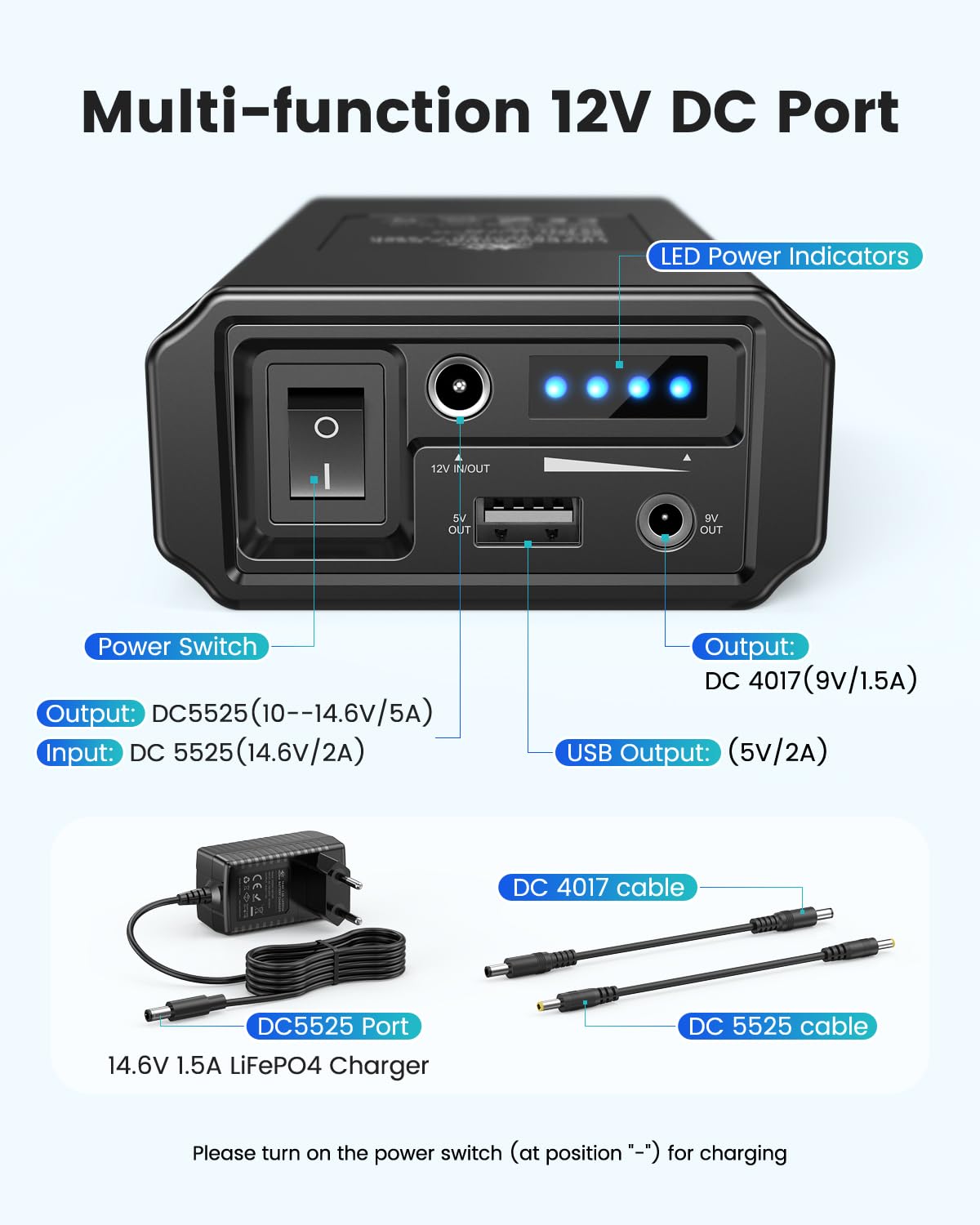 12V Power Bank for Routers & LED Lights  6000mAh LiFePO4 with 9V & USB-A