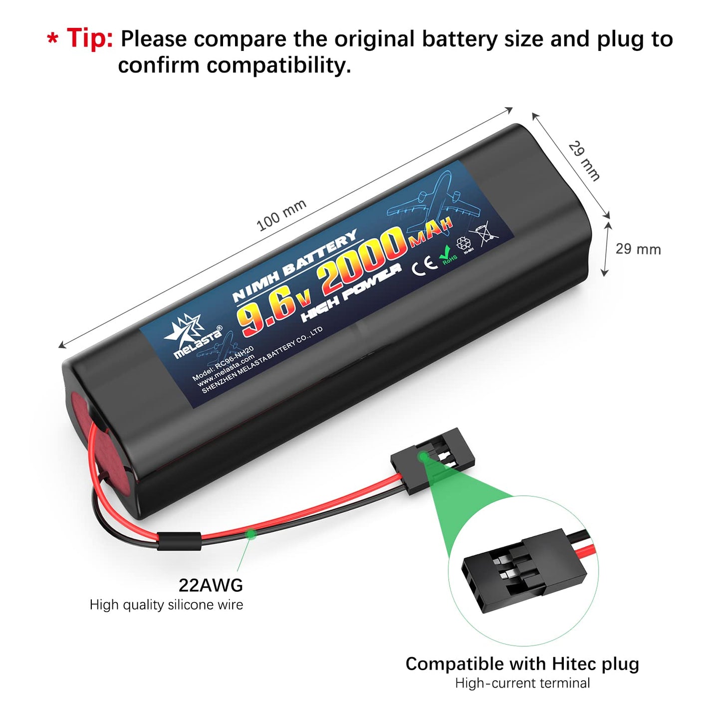 9.6V 2000mAh NiMH RX Battery with Hitec Plug for Futaba RC