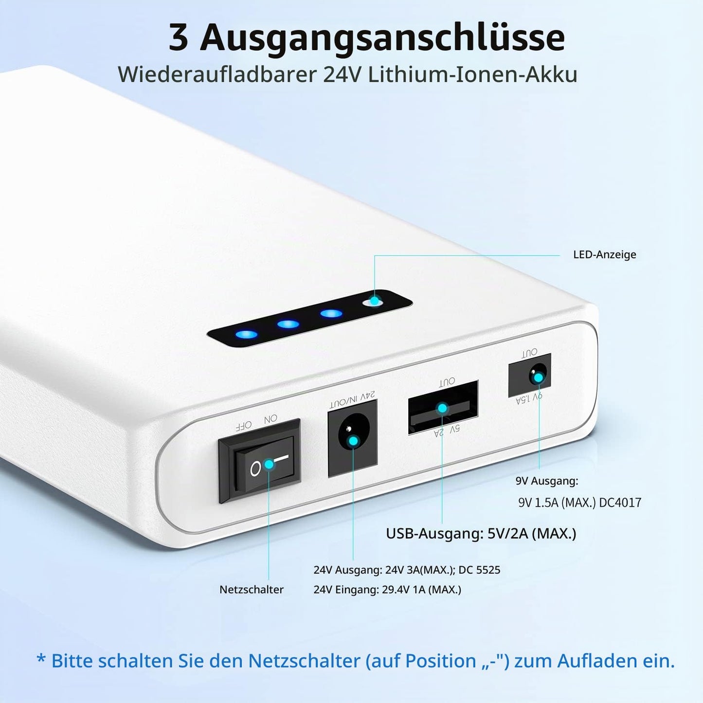 24V DC Power Bank for LED Strips  3350mAh with 9V & USB Output