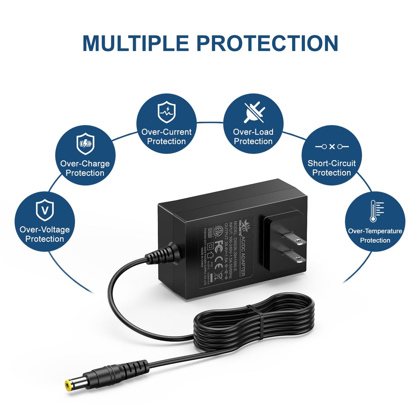 29.4V Lithium Battery Charger, 1A AC/DC Adapter for 24V 7S Li-ion Battery Pack, 100-240V Input with 5.5×2.5mm DC5525 Plug