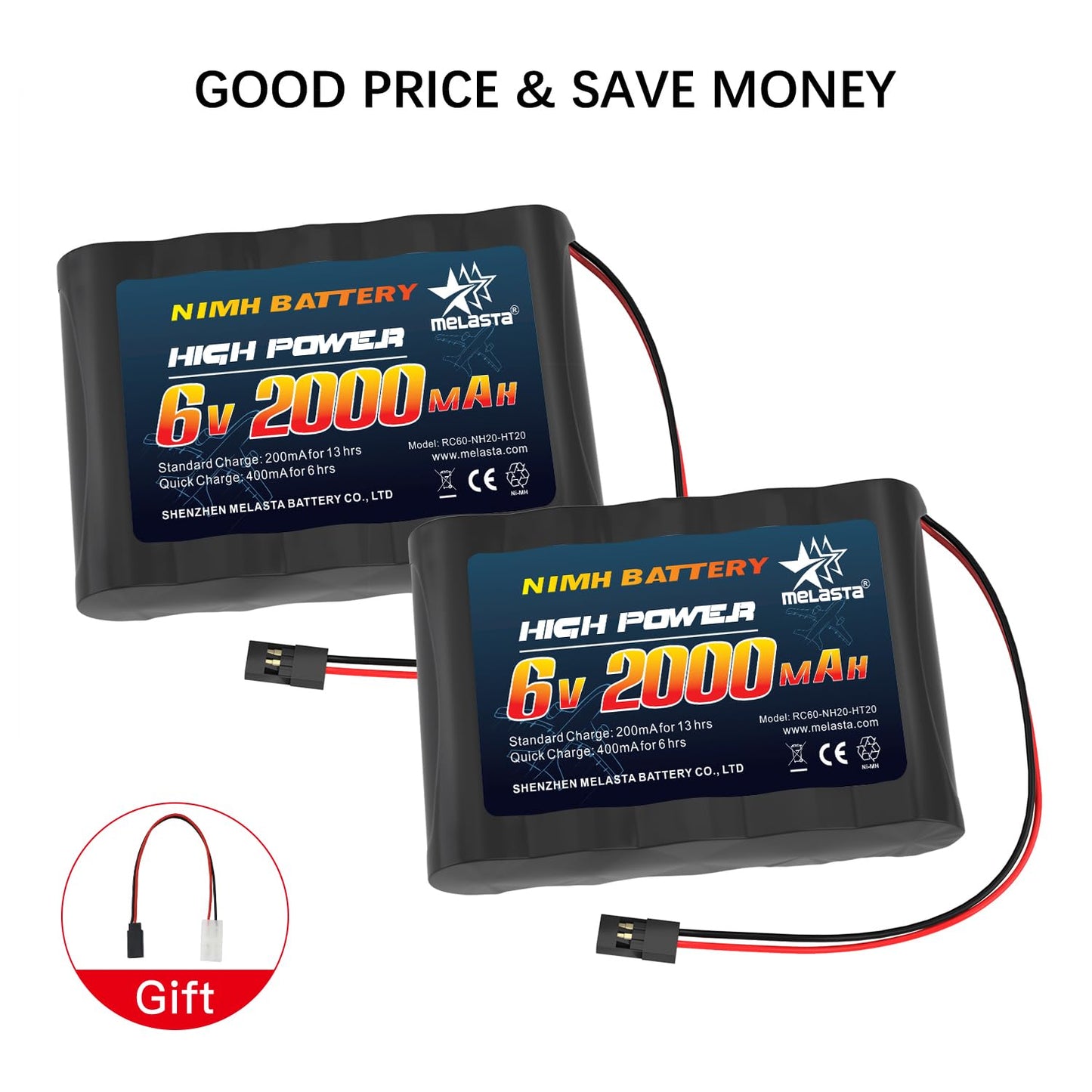6V 2000mAh NiMH RX Receiver Battery 2-Pack for RC Airplanes