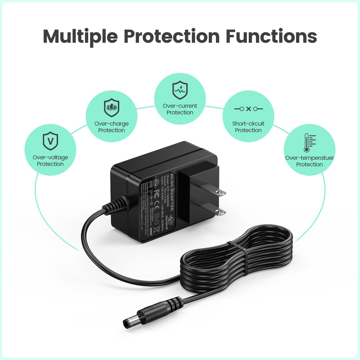 12V 2A AC DC Power Supply Charger, Universal Adapter with 8 Tips