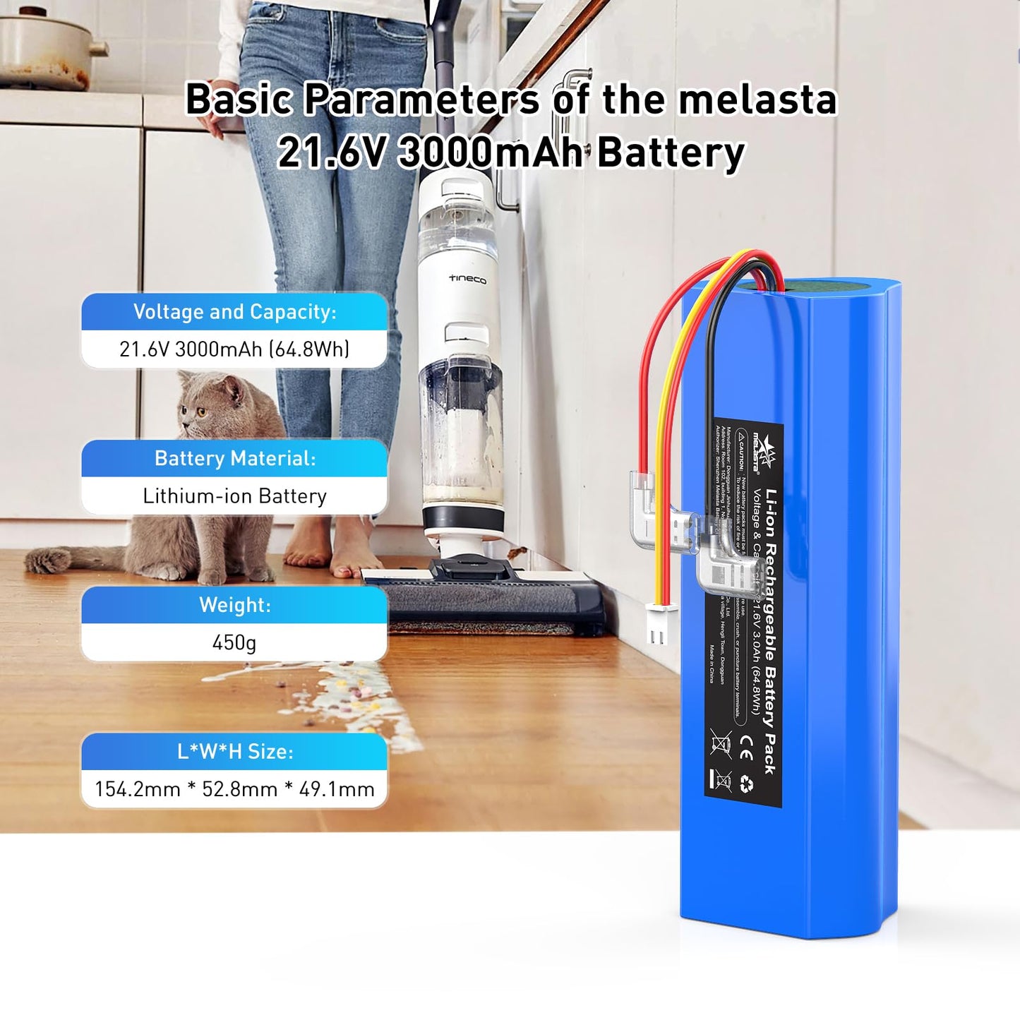 21.6V 3000mAh Replacement Battery for  Tineco