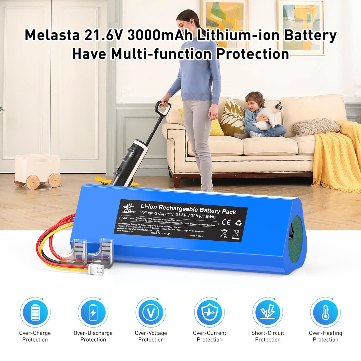21.6V 3000mAh Replacement Battery for  Tineco