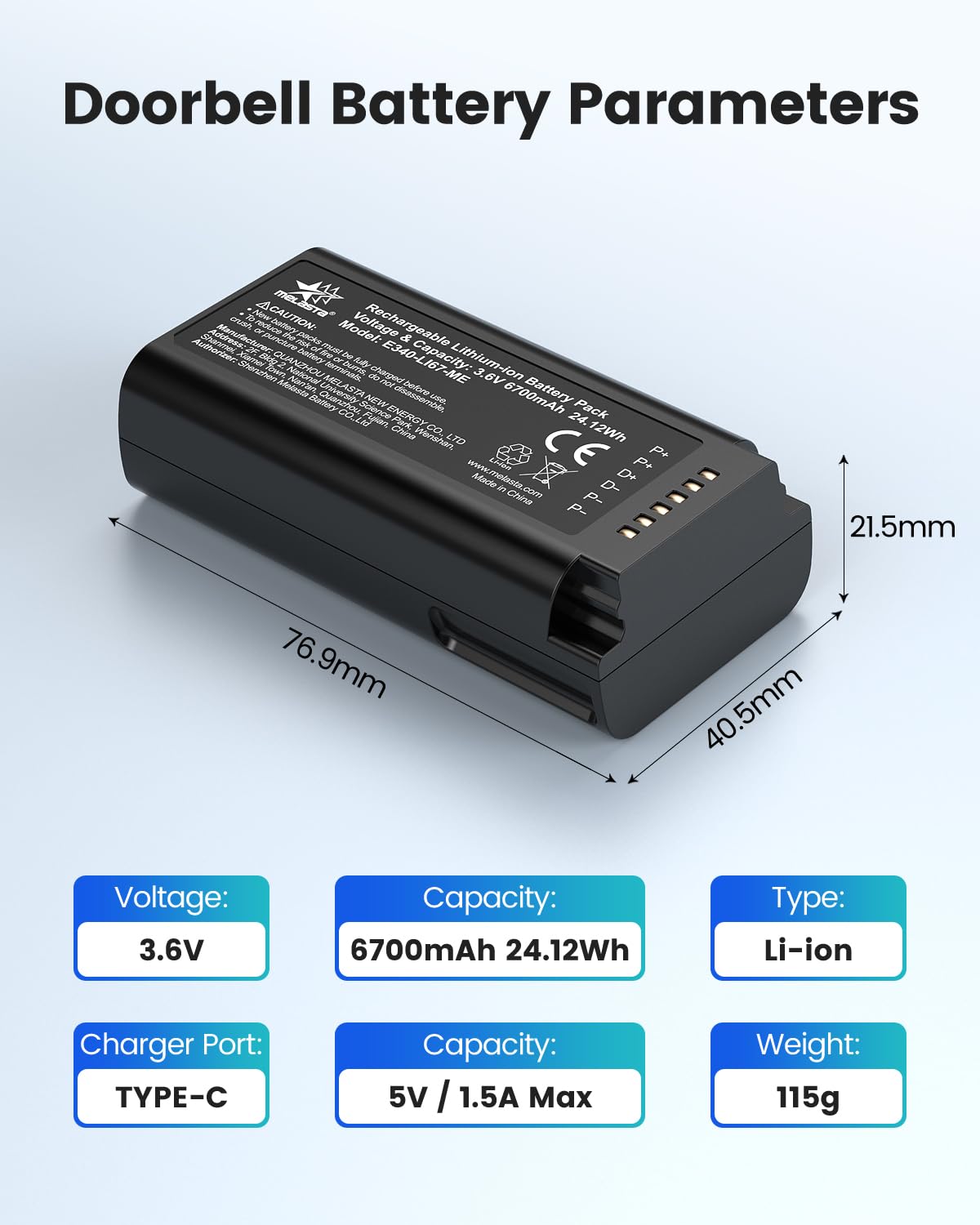 Eufy E340 Doorbell Replacement Battery with USB-C Charging Port  3.6V 6700mAh