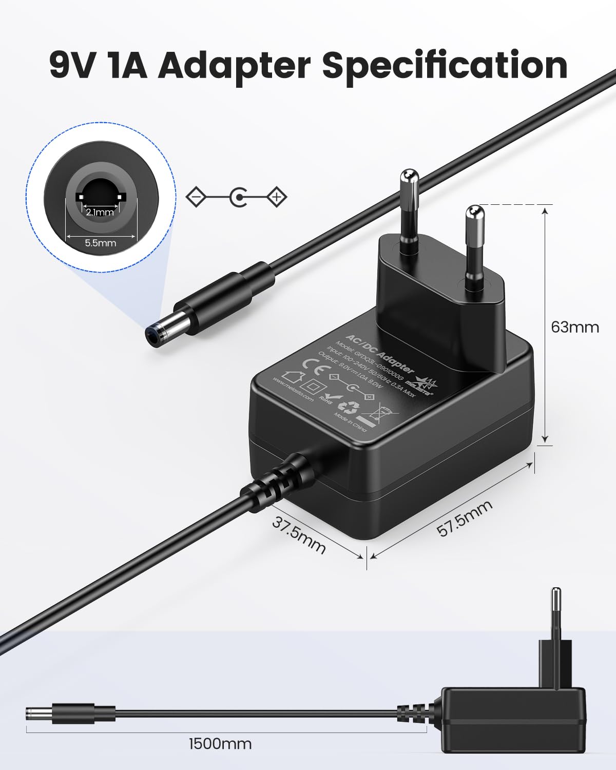 0.5 x 0.2 cm 9V 1A Power Supply for Boss PSA-120S