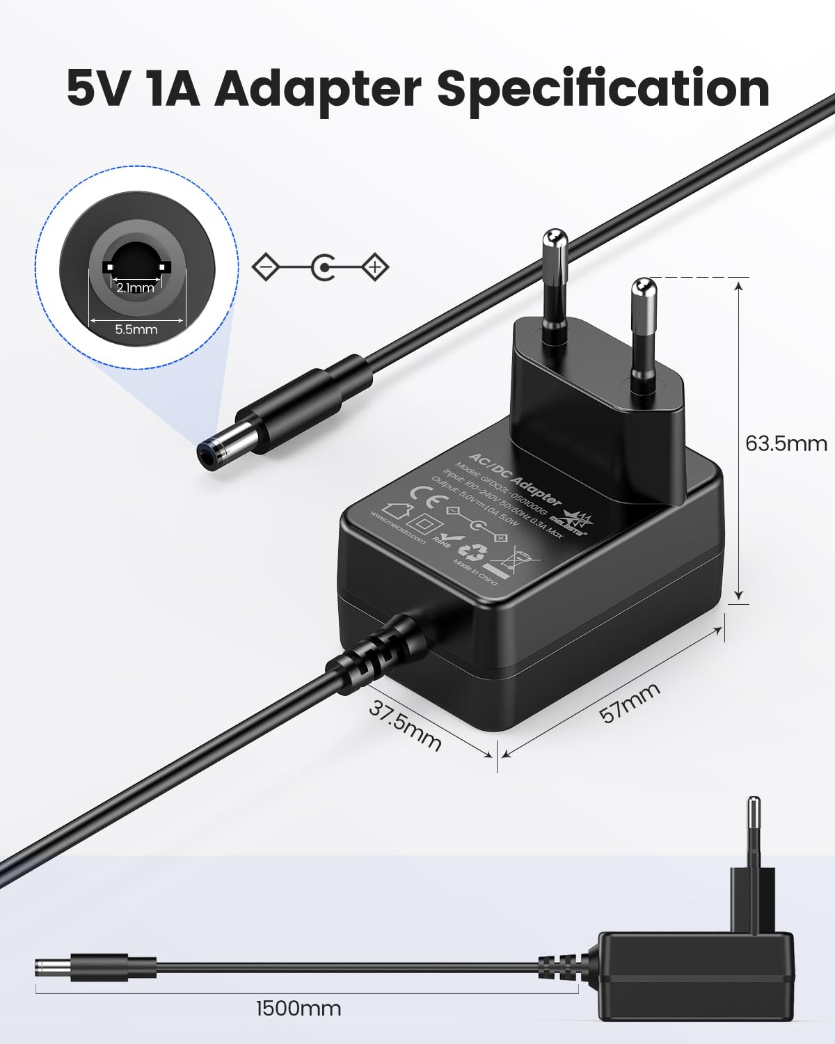 Power supply 5V 1000mA, AC/DC Adapter for LED Strip Lights