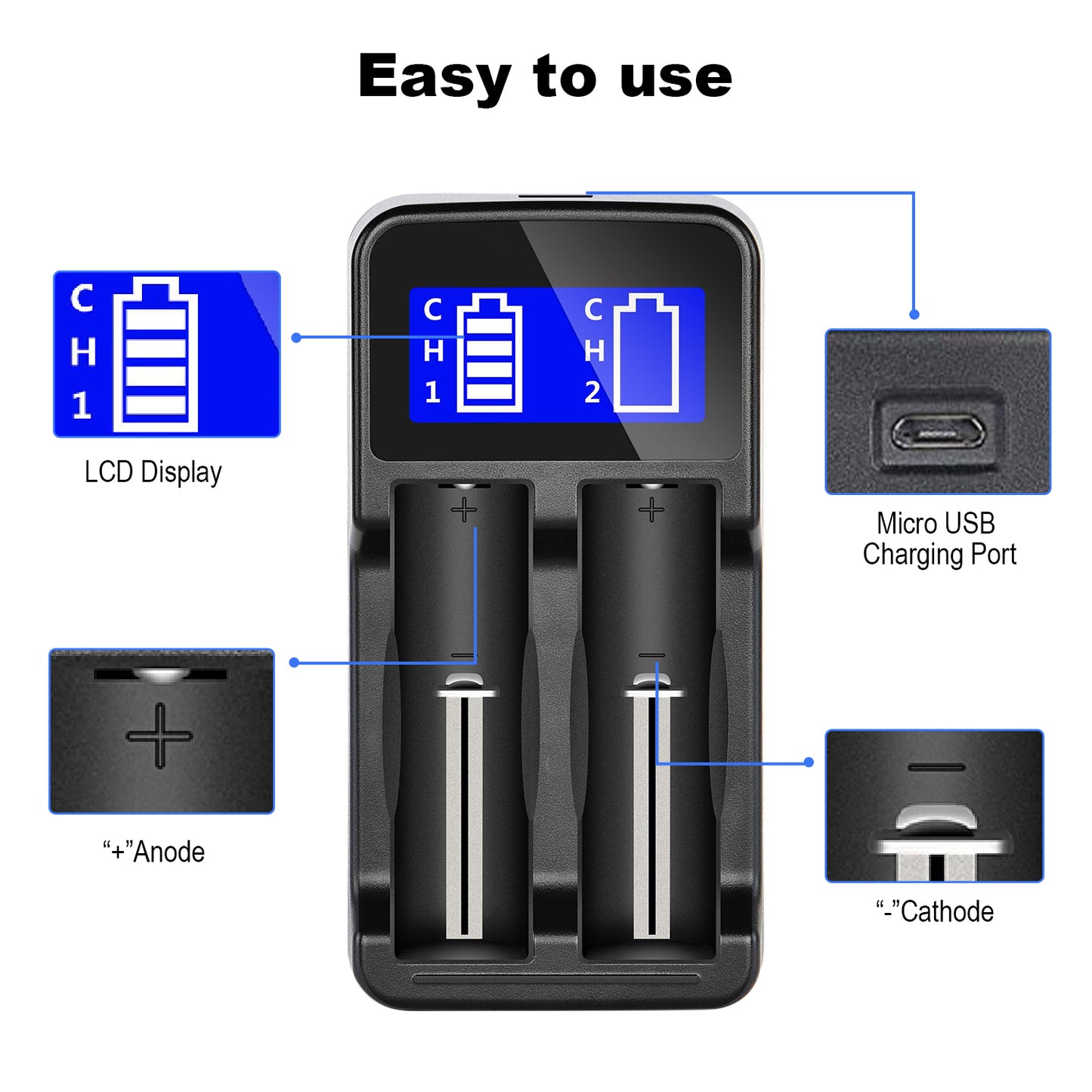 2 Slots USB LCD Ni-MH /Ni-CD/Li-ion 18650 16340(RCR123) battery charger