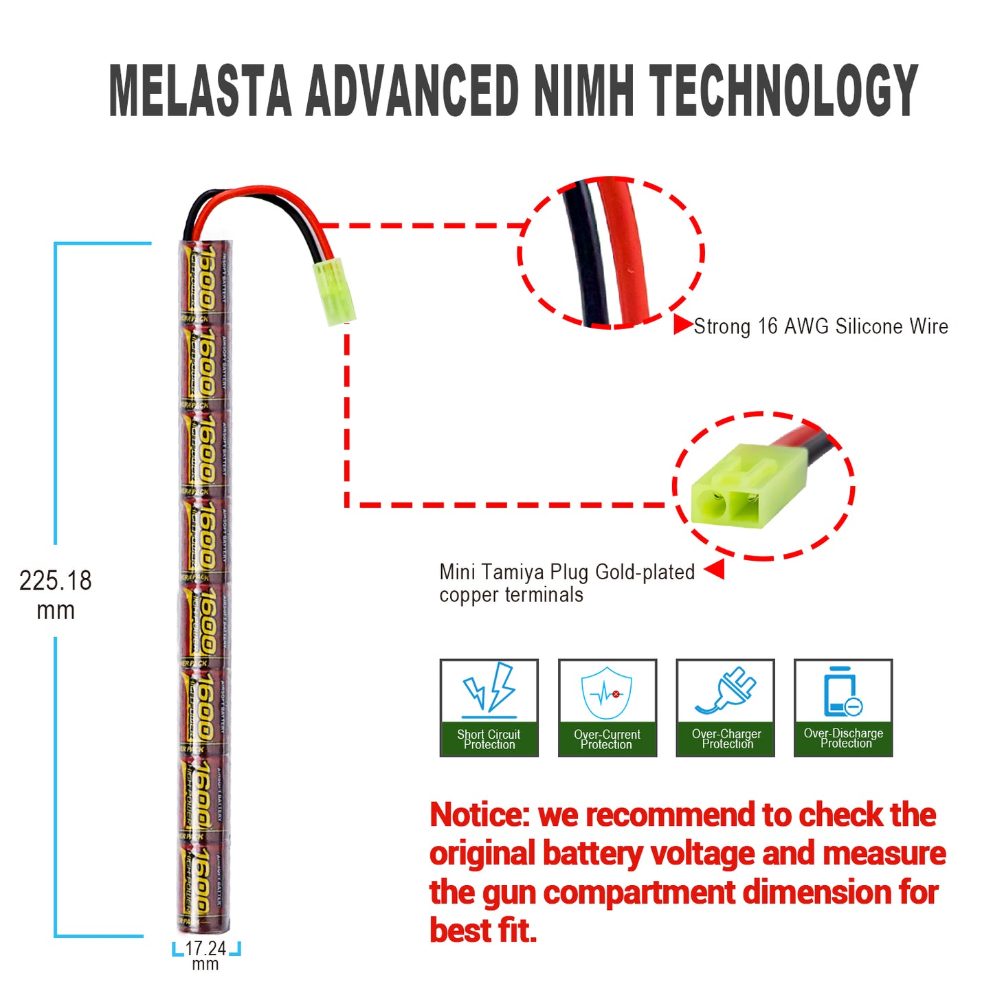 2PCS 2/3A 9.6v 1600mAh Stick NIMH Airsoft Guns Battery