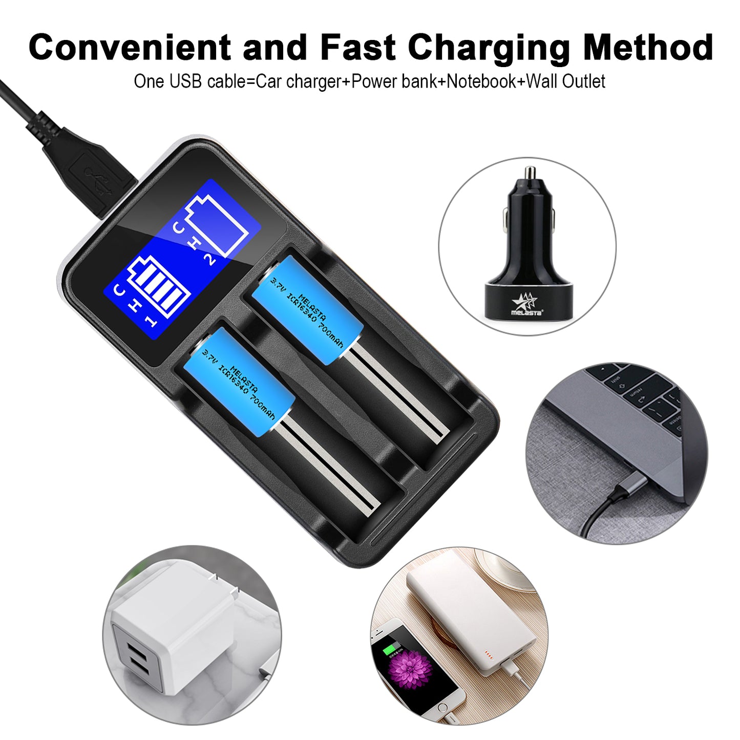 2 Slots USB LCD Ni-MH /Ni-CD/Li-ion 18650 16340(RCR123) battery charger