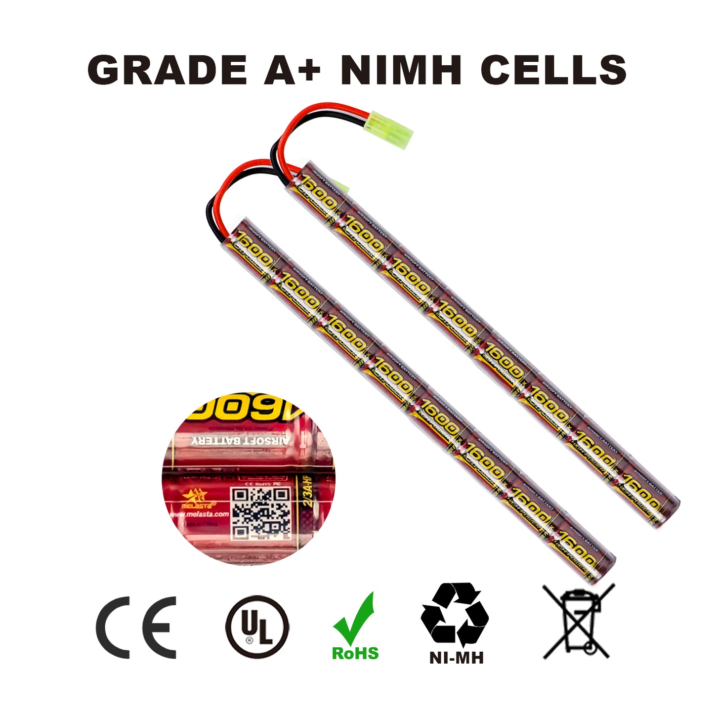 2PCS 2/3A 9.6v 1600mAh Stick NIMH Airsoft Guns Battery