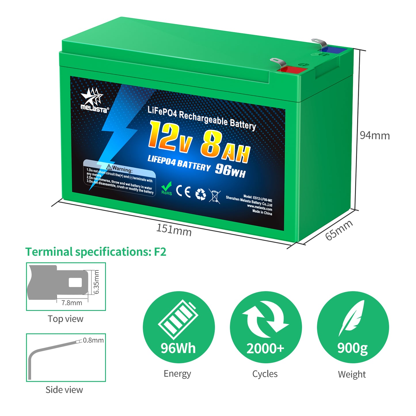 Melasta 12V 8Ah LiFePO4 Battery Pack Bulit-in BMS For Boat Motor Solar RV