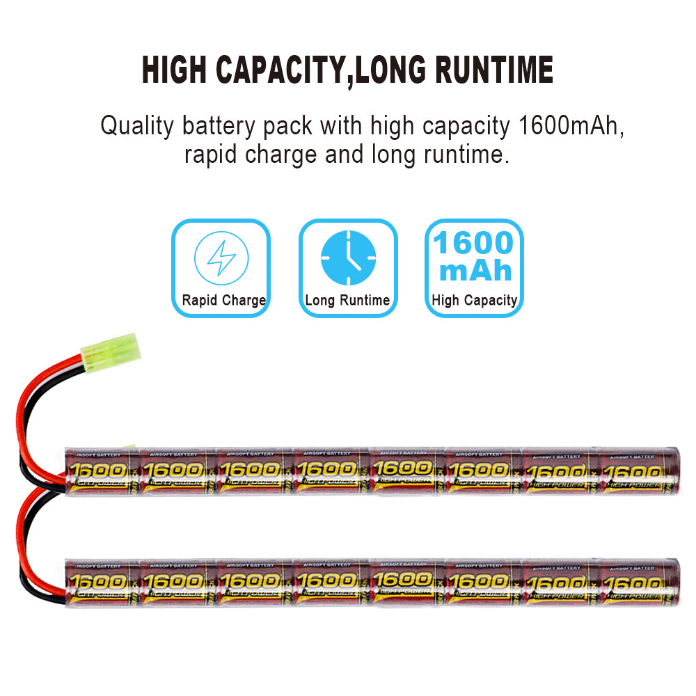 2PCS 2/3A 9.6v 1600mAh Stick NIMH Airsoft Guns Battery