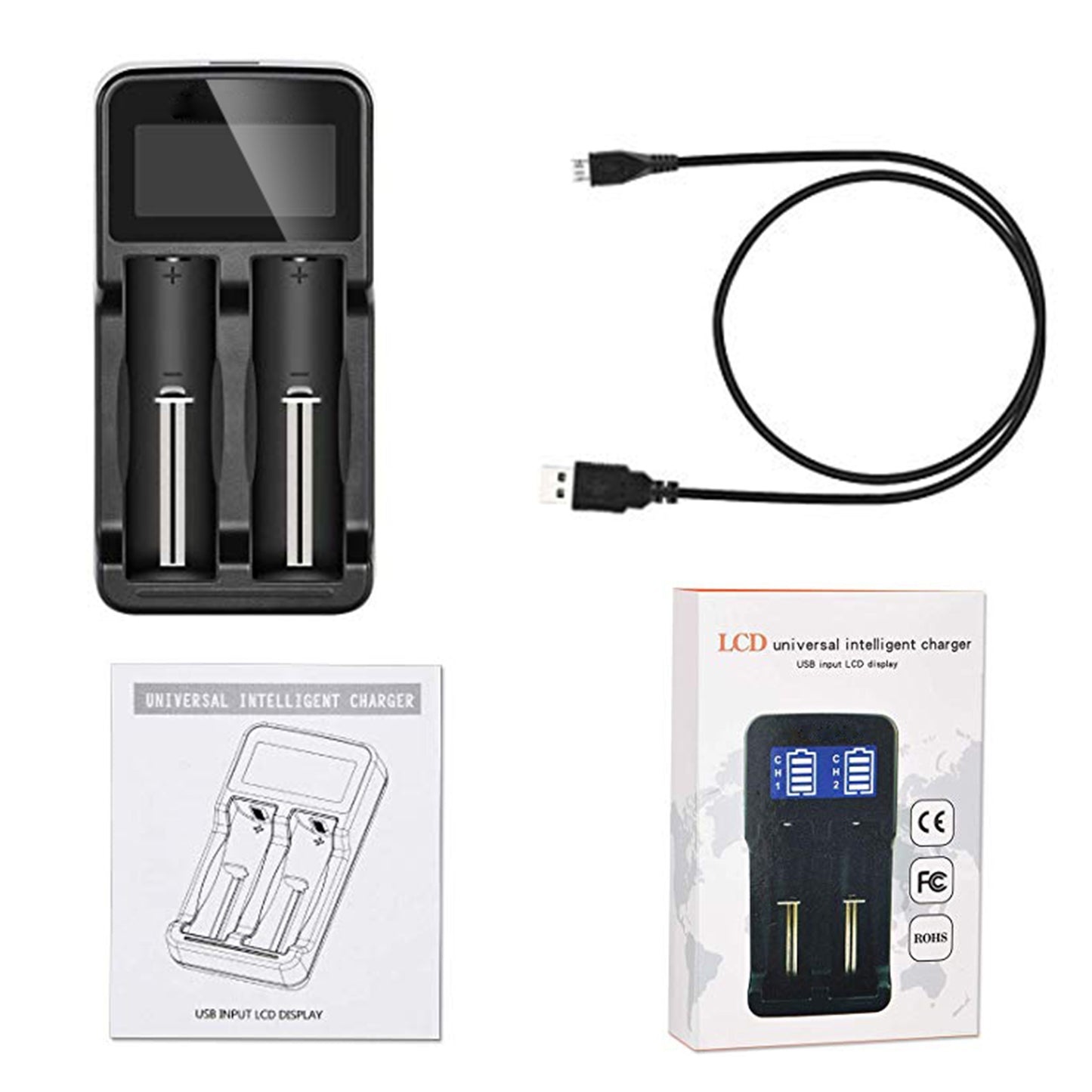 2 Slots USB LCD Ni-MH /Ni-CD/Li-ion 18650 16340(RCR123) battery charger