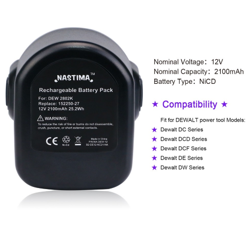 12V 2100mAh Ni-CD Replacement Battery  for dewalt