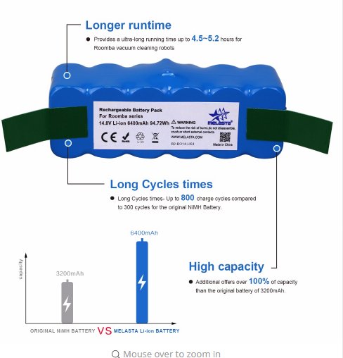 6.4Ah 14.8V Li-ion Replacement Battery for iRobot Roomba